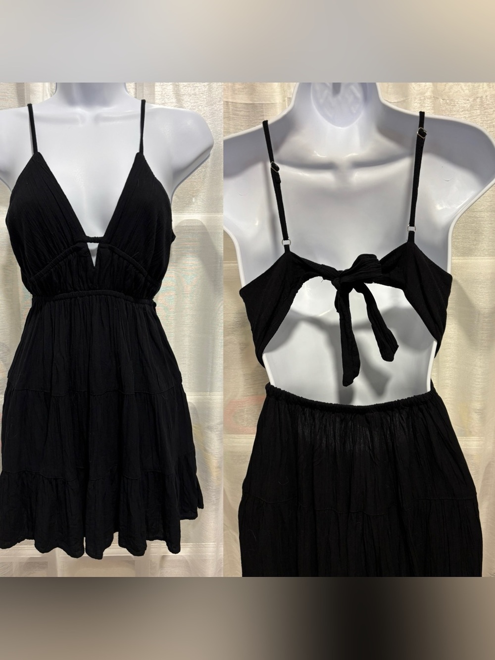 Angie Black Tiered Mini Dress Cover-Up Size Large 100% Rayon Open Back Boho